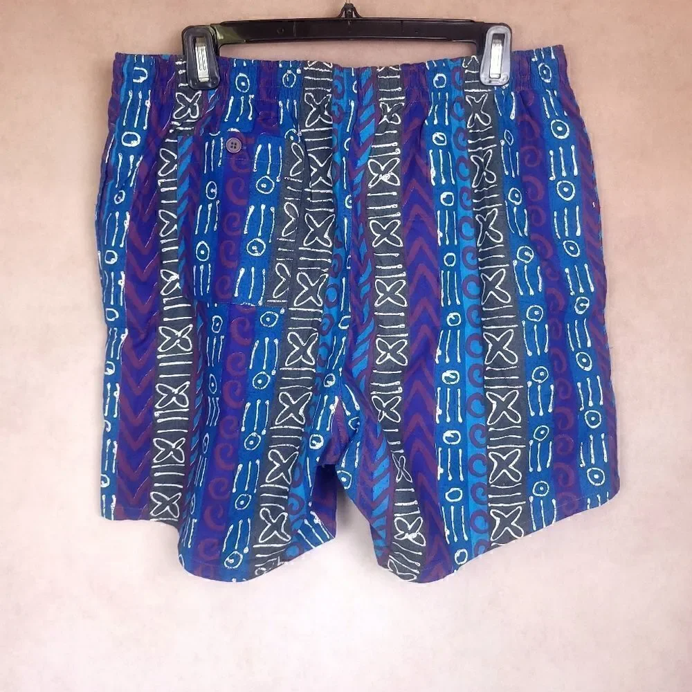Vintage Campus Swim Trunks Shorts Blue Purple Grey Native Print Size Large